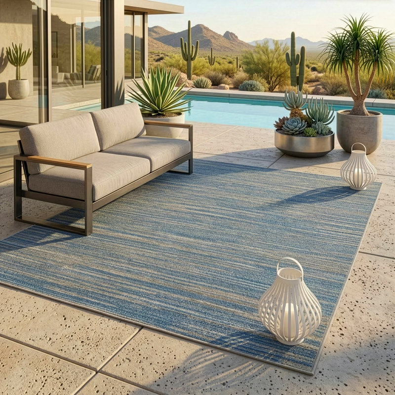 Radley Stripe Ocean Blue Champagne Indoor Outdoor Area Rug, Rectangle 8'6" x 13'