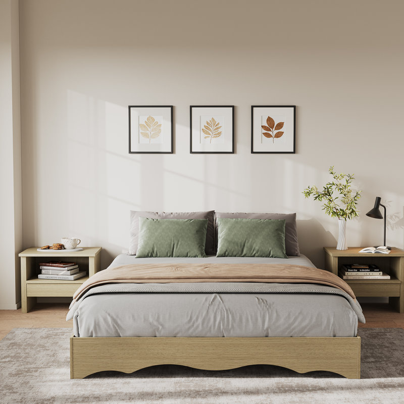 Lit plateforme en bois avec motif ondulé, structure basse sans tête de lit, silencieux, pas de sommier, Tanné