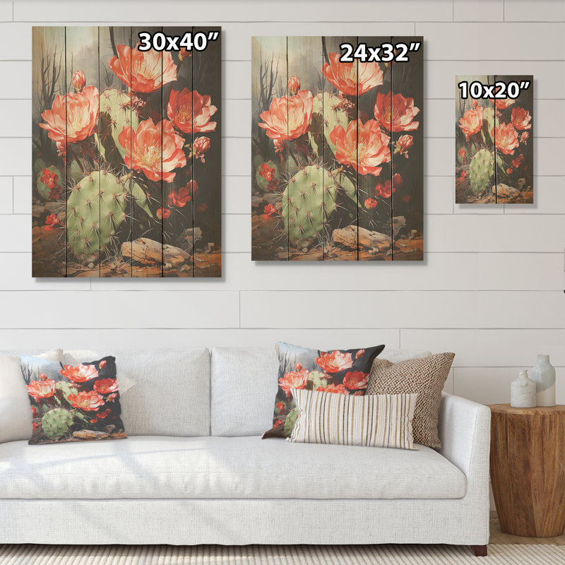 Cactus Ruby Blooms - Art mural en bois de cactus sur bois de pin naturel, H 20 po x l 10 po