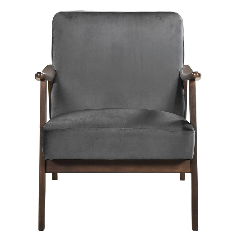 Chaise d'appoint avec revêtement en velours gris foncé, attrait moderne de style Mid-Century, base en bois massif, structure, attrait classique