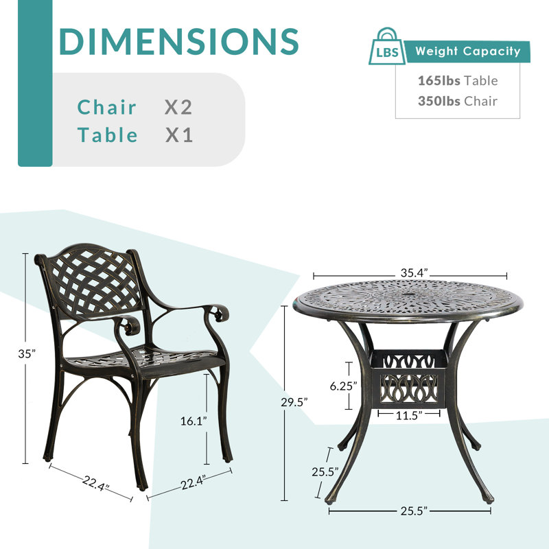 Dark Bronze 2-Person Round Cast Aluminum Outdoor Dining Set