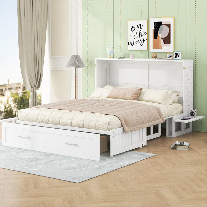 Grand lit escamotable mobile avec tiroir et petites tablettes de chaque côté, blanc
