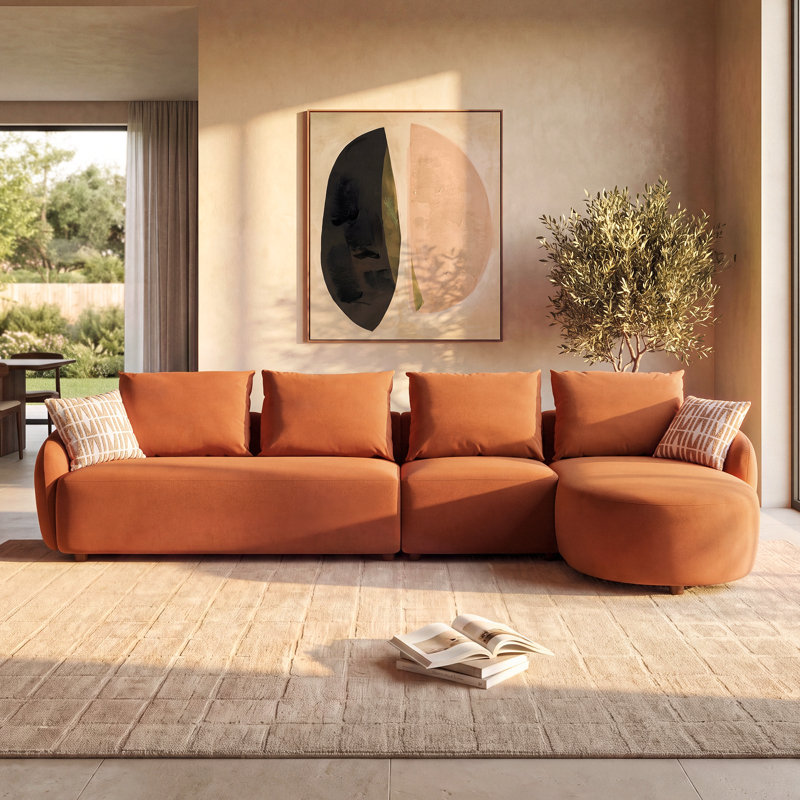 Canapé d'angle modulaire moderne en velours Catlin avec méridienne, dossier incurvé de style nuage pour salon, Velours orange