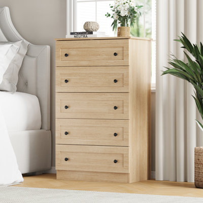 Commode blanche à 5 tiroirs, commode moderne de 45 po de hauteur, organisateur de commode avec grand rangement pour chambre à coucher, salon, couloir, entrée, blanc