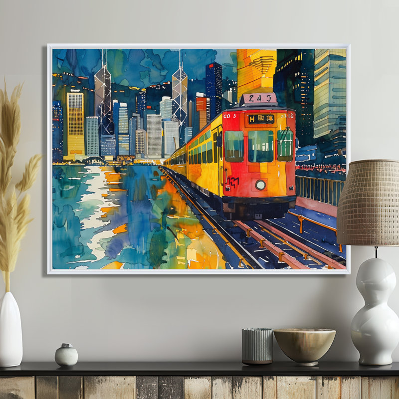 Train à Hongkong Pop Art I - salon d'art mural de Hongkong, Toile encadrée flottée blanche, H 34 po x l 44 po x P 1,5 po