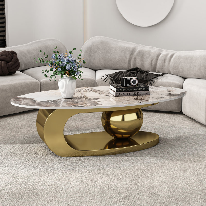 Table basse 49,2 pouces ovale en faux marbre avec base en acier inoxydable