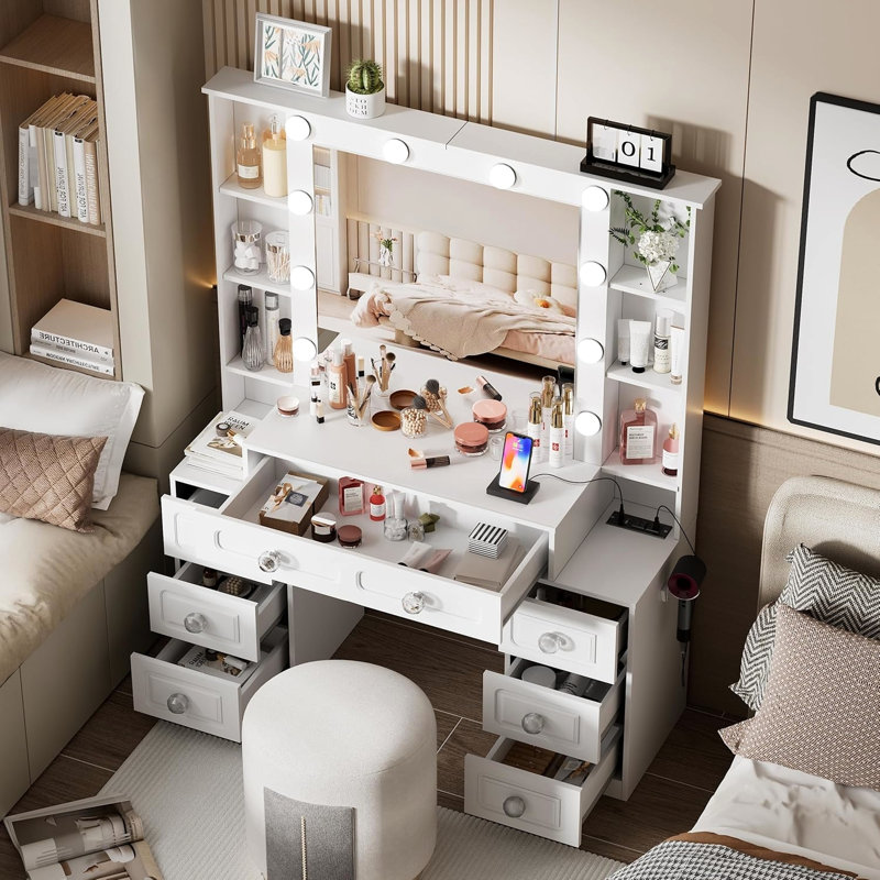 Dressing Table, Lights, Mirror, Drawers, Ports, Brightness Control, Hair Dryer Holder, Bedroom Vanity Desk, Glass Top, Stool, Charging