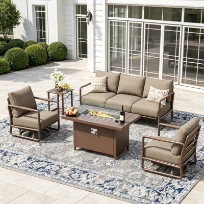 Ensemble de mobilier d'extérieur en aluminium pour patio, canapé de conversation à 5 places avec 2 chaises berçantes pivotantes et table de foyer surdimensionnée