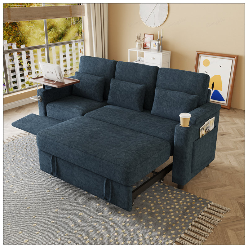 Canapé-lit 3 personnes pliable 3-en-1 avec table, ports USB et accoudoirs de rangement, tissu chenille de haute qualité