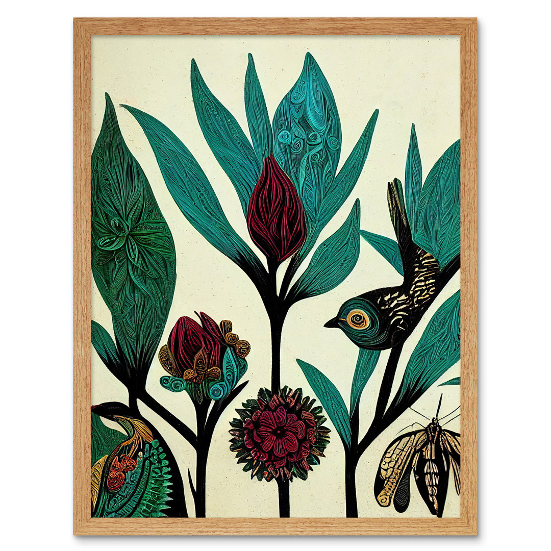 Abstract Folk Leaves Flowers Birds Vintage - Print