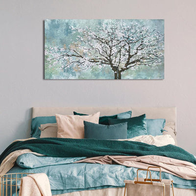 Fleurs, arbre, art mural - fleurs de prunier sur toile, peinture florale élégante, fleur blanche, sarcelle grise, impression abstraite, œuvre d'art, salon, bureau à domicile, décoration murale 24 po x 48 po
