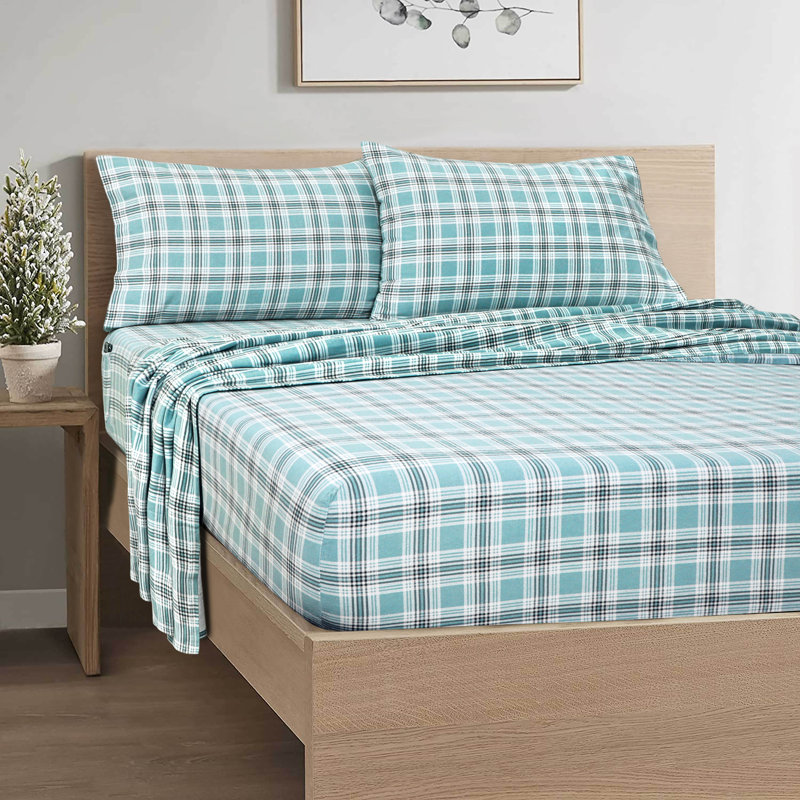 Twin XL Green Plaid Cotton Flannel Deep Pocket Sheet Set