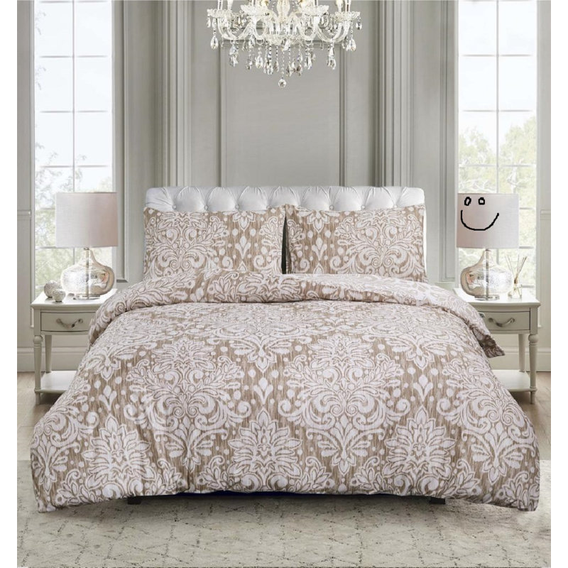 Cotton Damask Duvet Cover Set, Super King Duvet Cover Set + 3 Additional Pieces, Beige Damask