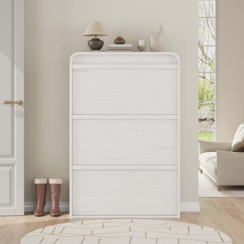Armoire à chaussures avec 3 tiroirs rabattables, armoire en bois avec tablettes réglables et poignée cachée, Blanc