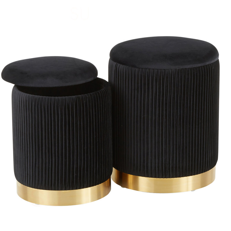 Marla Contemporary Nesting Pleated Ottoman Set, Black