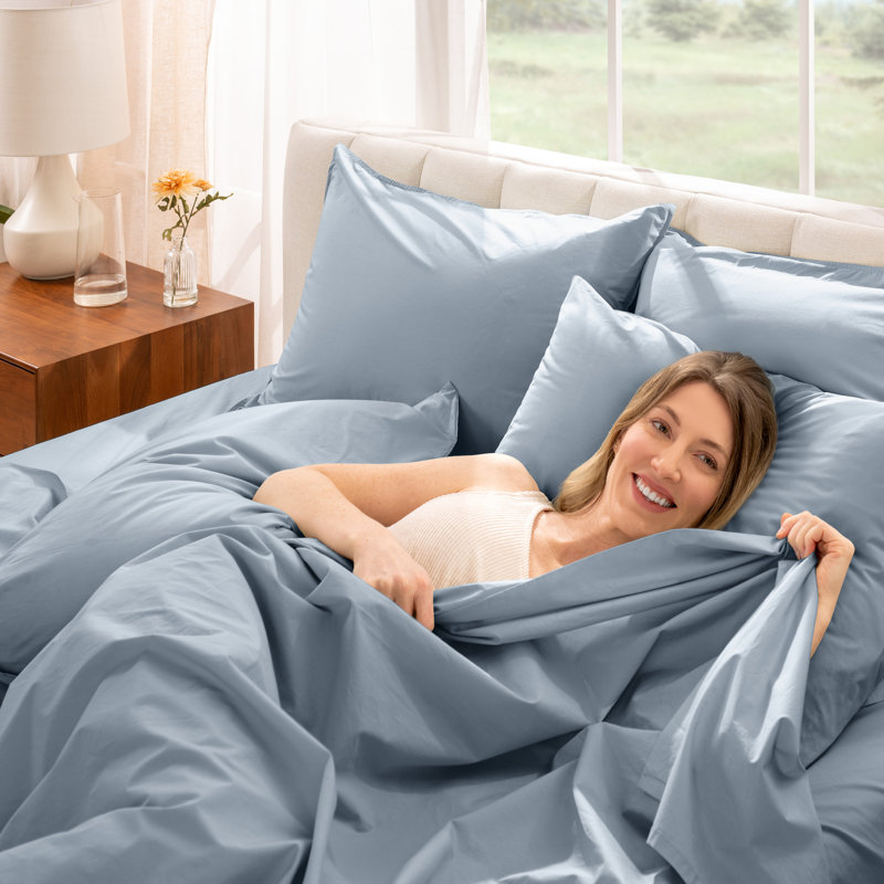 Ensemble de draps 100% coton percale, Ensemble de draps double / double avec 2 taies d'o, Bleu cendré