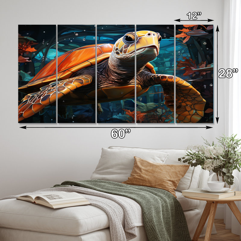 Turtle Journey Floral Geometric - Animals Wall Art Print - 5 Equal Panels