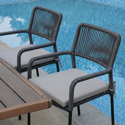 Dune Modern Rope Weaving Patio Dining Chairs Set Of 2, Stackable With Cushions