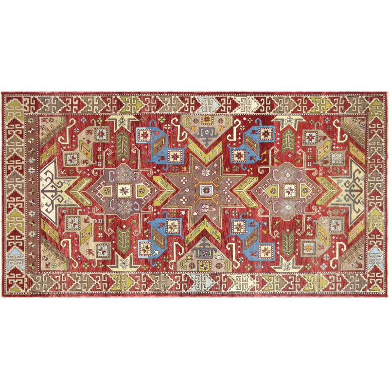 Tapis unique en laine noué à la main des années 1960 de 5 pi 2 po x 9 pi 7 po en rouge / brun / bleu / jaune