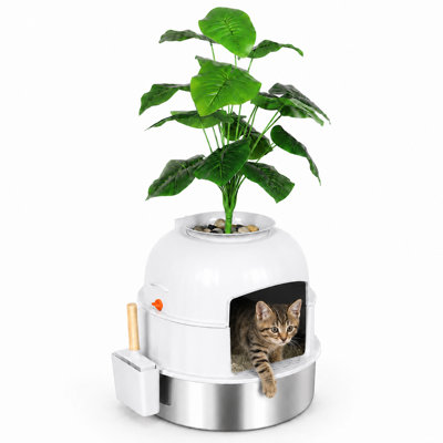 Litière cachée en acier inoxydable pour chat avec décorations artificielles pour petits et moyens chats, blanc