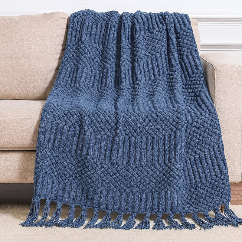 Jeté texturé à franges douces bleu marine 50 po x 60 po, Marine