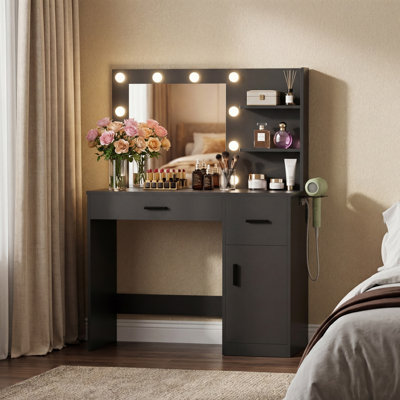 Vanity Table Set with Lights, Mirror & Storage, Makeup Vanity Desk with Power Outlet for Bedroom