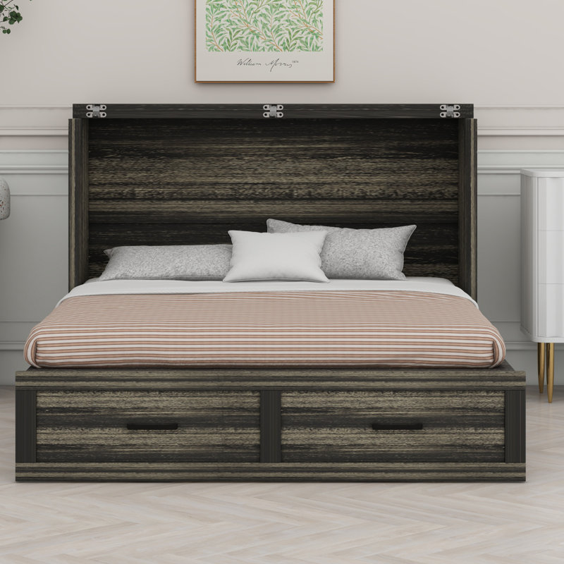 Armoire lit escamotable Murphy avec station de charge, lit plateforme pliable multifonctionnel avec grand tiroir de rangement