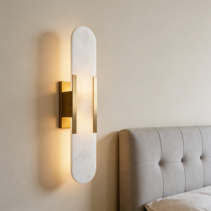 19.7" Natural Alabaster Sconce - Modern Real Stone Wall Light with 20% Thickened Gold Base & Dual G4 LED Bulbs (Hardwired)