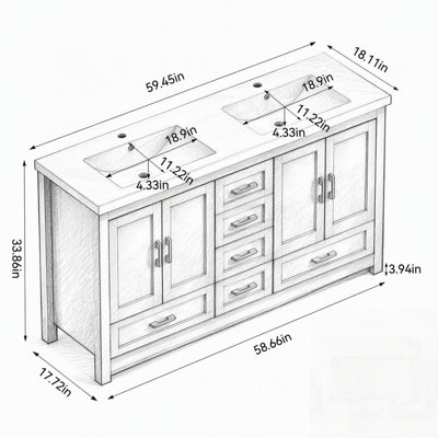 Meuble-lavabo de salle de bain avec rangement abondant, 4 portes à fermeture douce et 5 tiroirs pour une élégance moderne