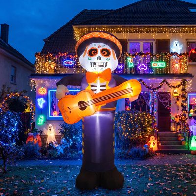 8 Ft Lighted Inflatable Halloween Mariachi Skeleton Playing Guitar Outdoor Decoration with LED Lights and Ground Stakes