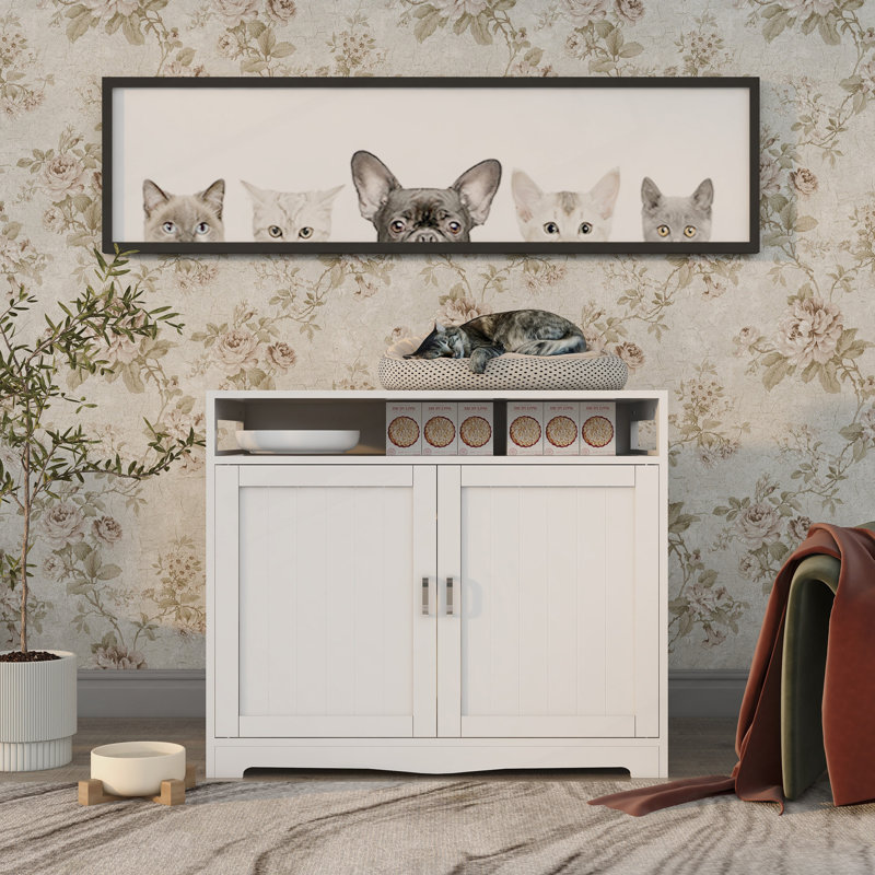 Enceinte de litière, meuble de litière pour chat avec prise dissimulée, 2 portes, banc de rangement pour salle de bain pour chat, table d'appoint pour chat, grand bac à litière en bois inclus, blanc