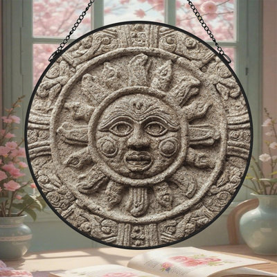 Panneaux de vitrail représentant le visage du dieu soleil en pierre, attrape-soleil pour la décoration de fenêtre