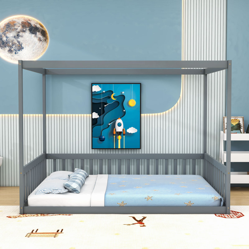 Wood Canopy Floor Bed With Guardrails, Grey, Full