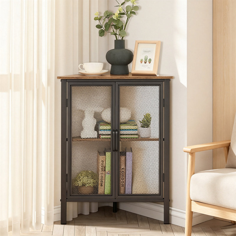 3-Tier Corner Desk with Mesh Door Cabinet, Corner Shelf, Metal Frame Storage Rack – Ideal for Corners, Living Room, Bedroom, Kitchen, Bathroom