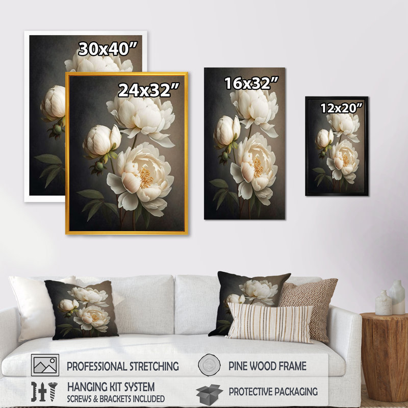 Peony Flower IV - Print on Canvas, 32" H x 24" W, White Floater Framed
