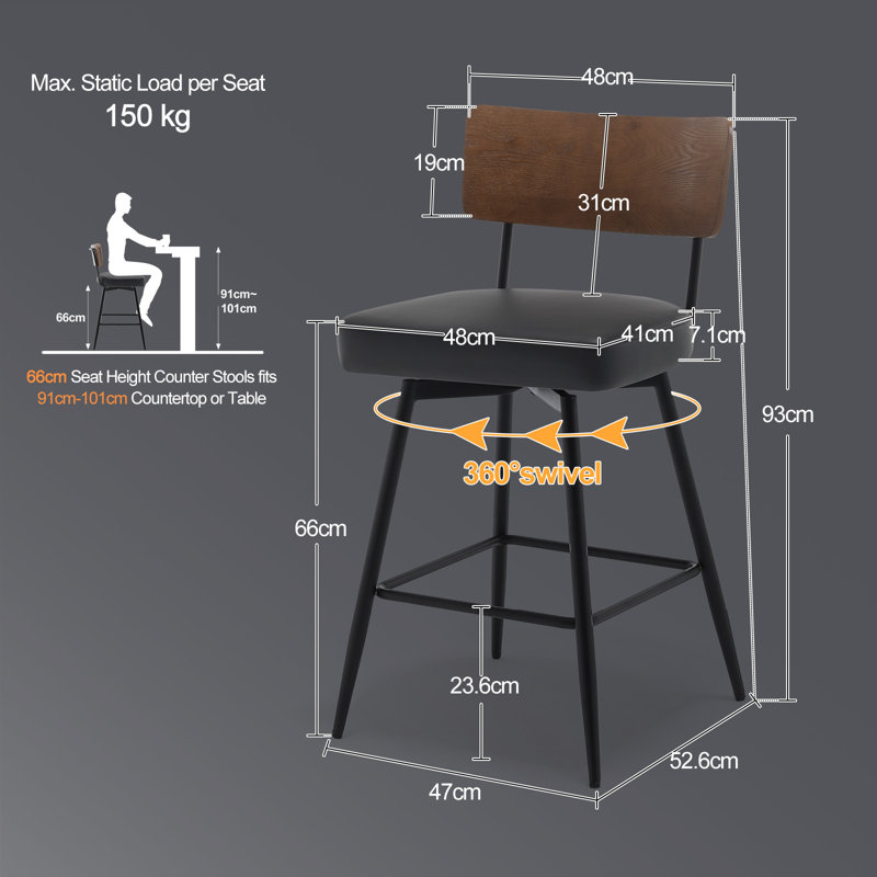 Swivel Upholstered Counter Stool with Metal Frame, Black