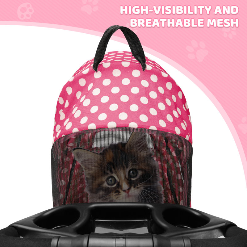 Hot Pink Polka Dot Foldable Dog Stroller with Steel Frame