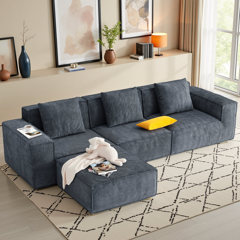 Canapé modulaire en forme de L de Boneless, Velours côtelé gris