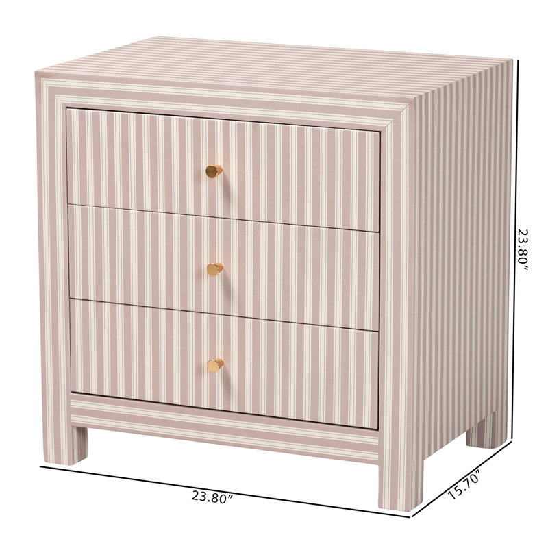 Table de bout Baxton Studio Javianne avec similicuir rayé - armoire de rangement à 3 tiroirs avec boutons dorés