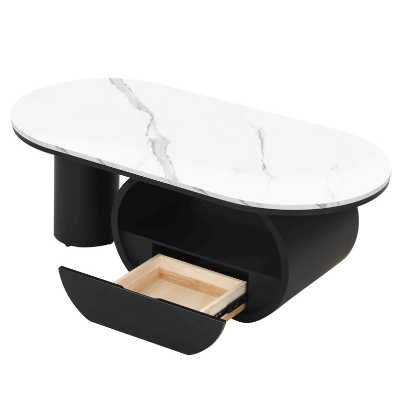 Table basse ovale moderne de 47,26 po, plateau en faux marbre, tiroir de rangement, structure en métal noir, salon, table de luxe à pieds réglables de 47,26 po avec surface et fonction, pour une configuration facile
