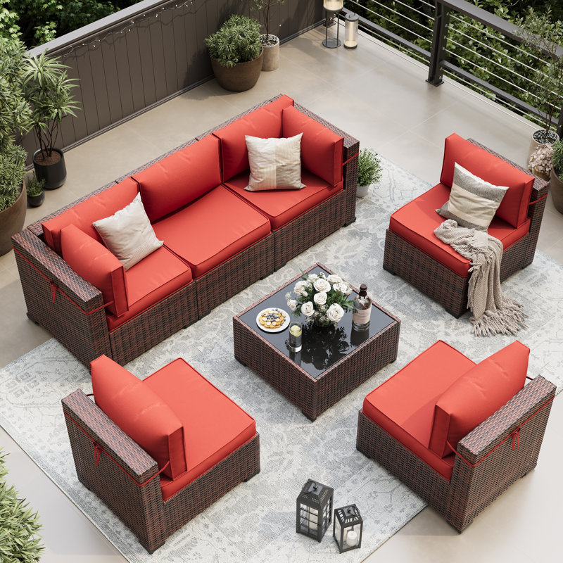 7 Piece Rattan Sectional Seating Group With Cushions, Light Red