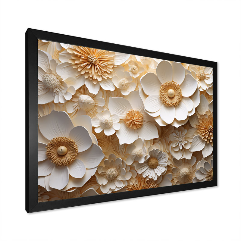 Élégant boutons d'or blancs - salon de l'art mural Buttercups, Cadre simple noir, H 34 po x l 44 po x P 1,5 po