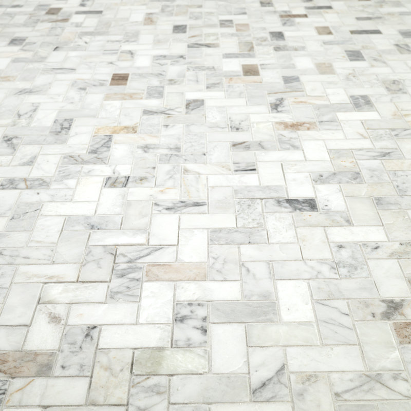 Castella de Blanc Herringbone 12 in. x 12 in. Honed Marble Mosaic Floor and Wall Tile