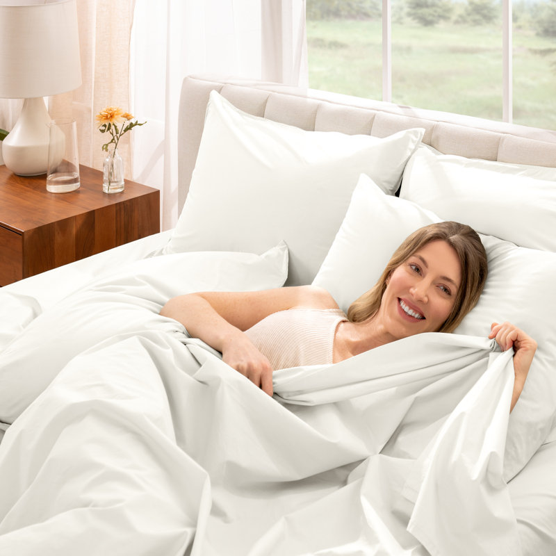 Ensemble de draps 100% coton percale, Ensemble de draps pour grand lit avec 2 taies d'or, Crème