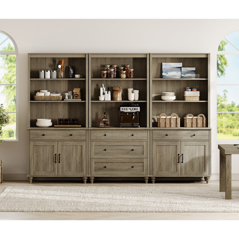 Sideboard Cabinet With Bar Hutch, Buffet Cabinet With 4 Wood Doors, 5 Drawers And 3 Tier Shelves, 101'', Wash Gray