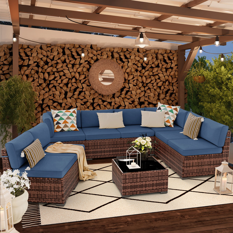 Avamay Rattan Sectional Seating Group with Cushions, Navy Blue Performance Microfiber, No