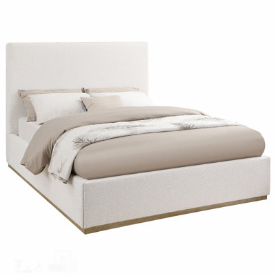 Cream Upholstered Platform Bed with Extra Tall Headboard and Plush Padding for Modern Minimalist Bedrooms