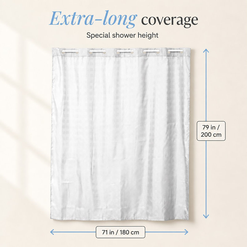 Cubic Hookless Extra Long Shower Curtain Polyester, White