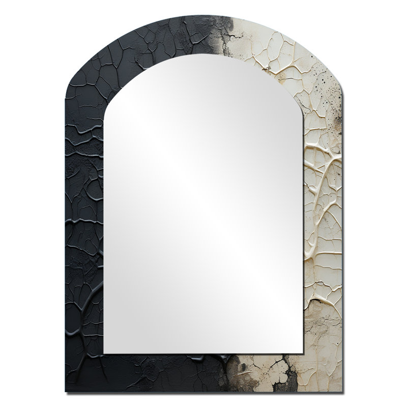 Blanc et noir abstrait divisé - miroir mural asymétrique de formes abstraites, miroir décoratif arqué beige, impression d'art en métal