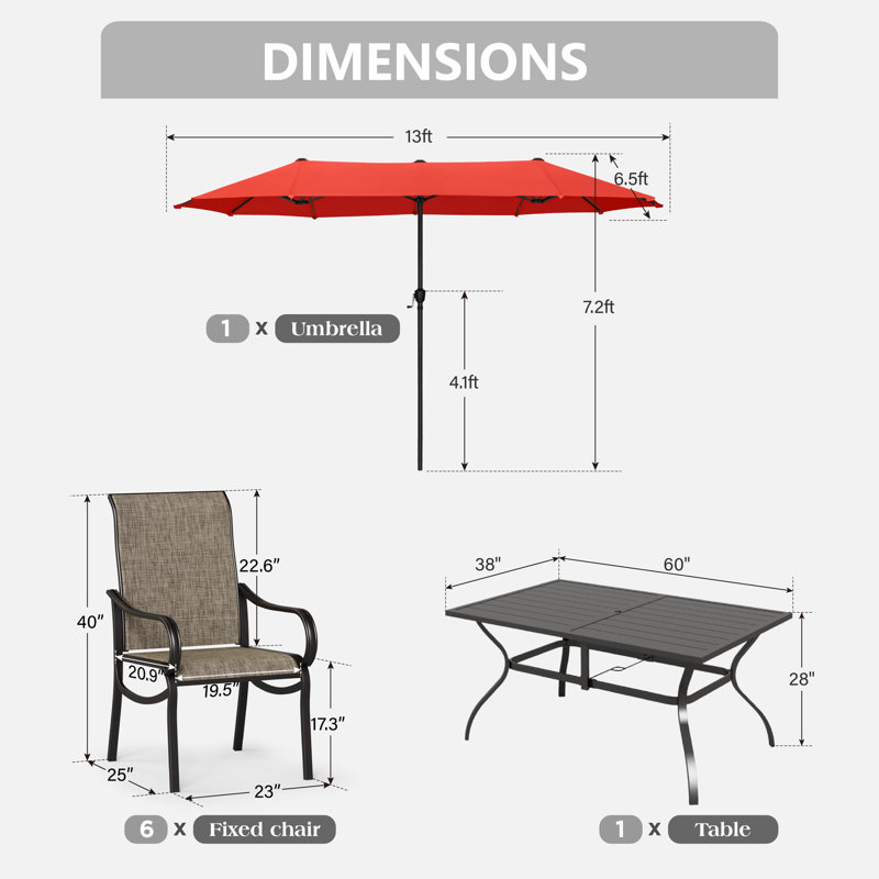 Ensemble repas pour patio 6 personnes avec parasol, Rouge